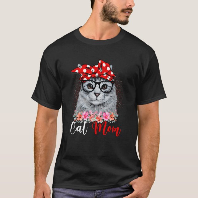Camiseta Cat Mom Floral Dot Glasses Mothers Day Sarcastic P (Anverso)