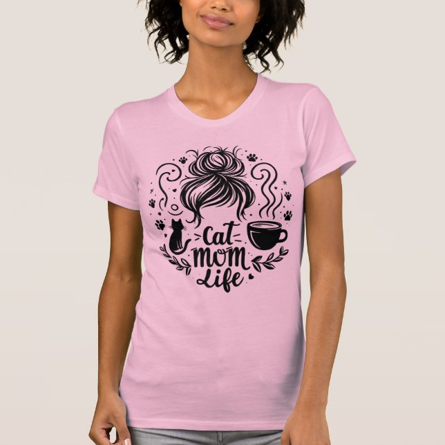 Camiseta Cat Mom Life Messy Bun Coffee And Cats Tee (Anverso)