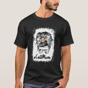 Camiseta Cat Mom Messy Bun Hair Paws Yello Bandana Glasses
