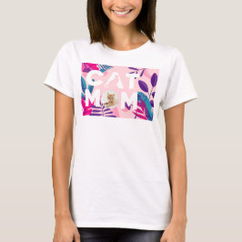 Camiseta CAT MOM, tu foto, flores y hojas rosadas