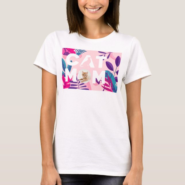 Camiseta CAT MOM, tu foto, flores y hojas rosadas (Anverso)