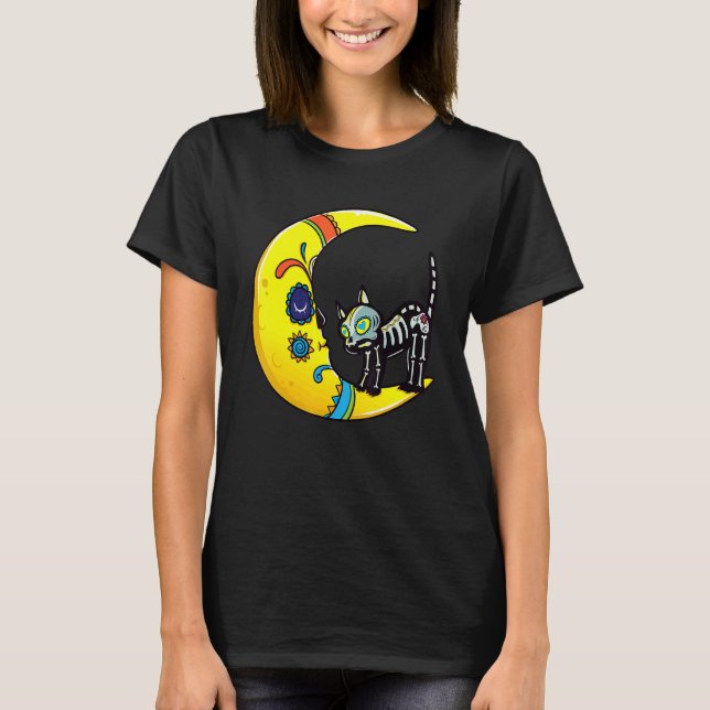 Camiseta Cat & Moon Sugar Skull Dia de Los Muertos  Day Of  (Anverso)