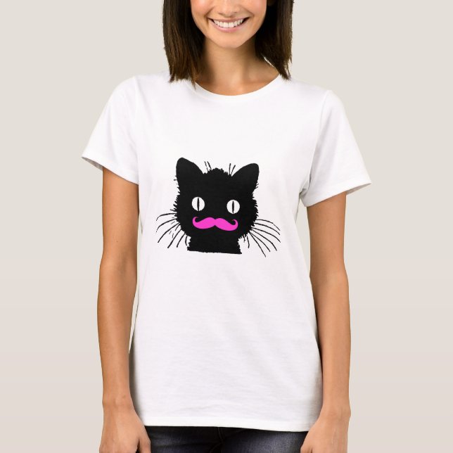 CAMISETA CAT NEGRO DEL BIGOTE ROSADO DIVERTIDO (Anverso)