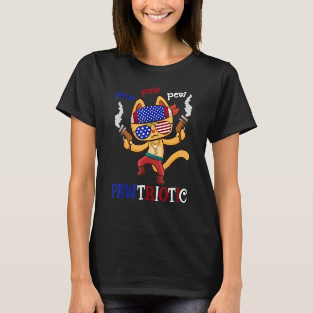 Camiseta Cat Pew Pew Pawtriotic Cat 4 De Julio Humor Tee (Anverso)