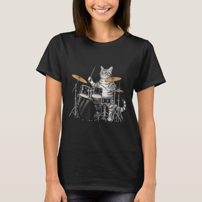 Camiseta Cat Playing Drums Drumset Drumkit Drumming Drum Dr (Anverso)
