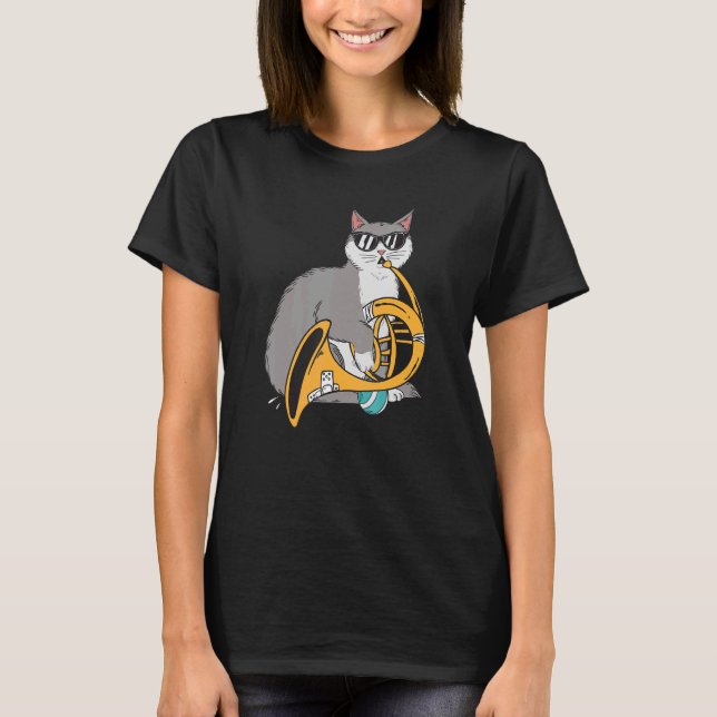 Camiseta Cat Playing French Horn Playing Music Black Glasse (Anverso)