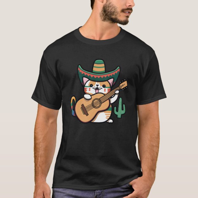 Camiseta Cat Playing Guitar Cinco De Mayo Cat Sombrero Mexi (Anverso)