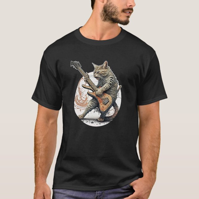 Camiseta Cat Playing Guitar Rock Cat Heavy Metal Cat Music  (Anverso)