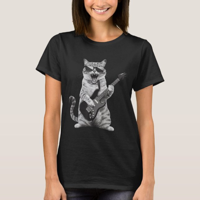 Camiseta Cat Playing Guitar Rock Star Rock And Roll Men Wom (Anverso)