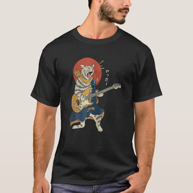 Camiseta Cat Playing Guitar Ukiyo E Samurai Japanese Warrio (Anverso)