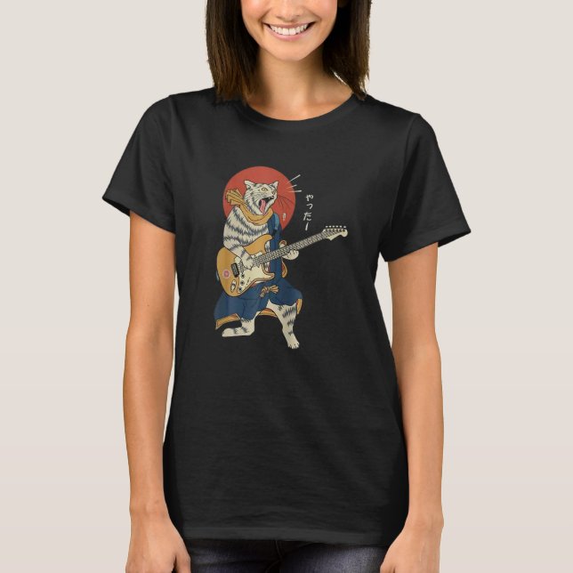 Camiseta Cat Playing Guitar Ukiyo E Samurai Japanese Warrio (Anverso)