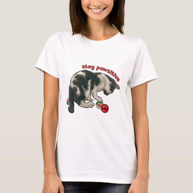 Camiseta Cat Playing with MARBLES, Stay Pawsitive, Pun (Anverso)