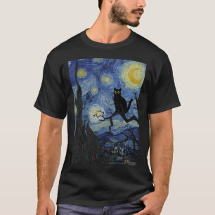 Camiseta Cat Print Starry Night Vincent Van Gogh Black Cat