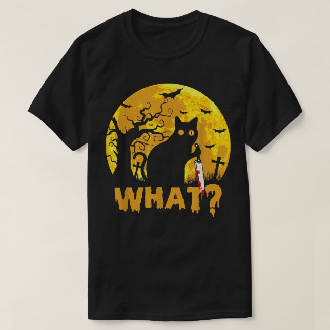 Camiseta CAT QUÉ Gato negro asesino con Halloween Knife (Diseño del anverso)