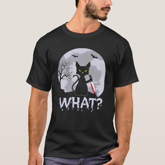 Camiseta ¿CAT QUÉ? Gato negro asesino con Halloween Knife (Anverso)
