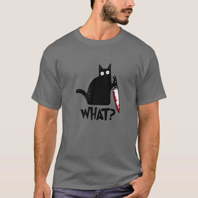 Camiseta ¿Cat Qué? Gato negro asesino con Halloween Knife (Anverso)