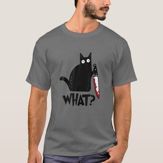 Camiseta ¿Cat Qué? Gato negro asesino con Halloween Knife (Anverso)