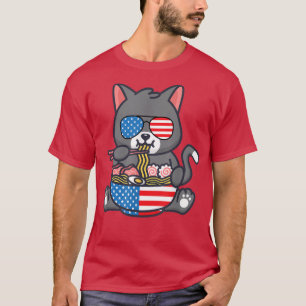 Camiseta Cat Ramen Bandera De Anime Estadounidense 4 De Jul