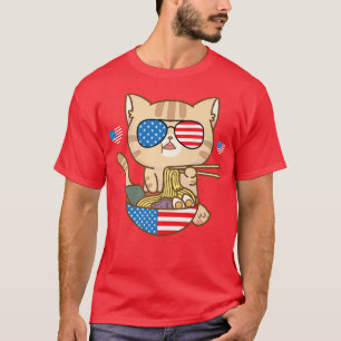 Camiseta Cat Ramen Bandera De Anime Estadounidense 4 De Jul