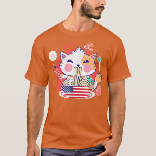 Camiseta Cat Ramen Bandera De Anime Estadounidense 4 De Jul