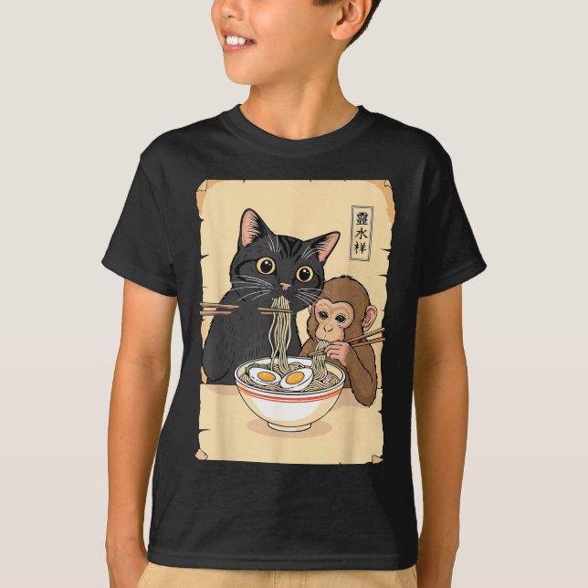 Camiseta Cat Ramen Monkey Shirt Funny Cat Monkey Eating Ram (Anverso)