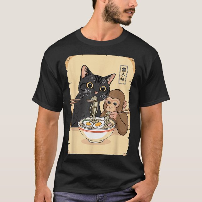 Camiseta Cat Ramen Monkey Shirt Funny Cat Monkey Eating Ram (Anverso)