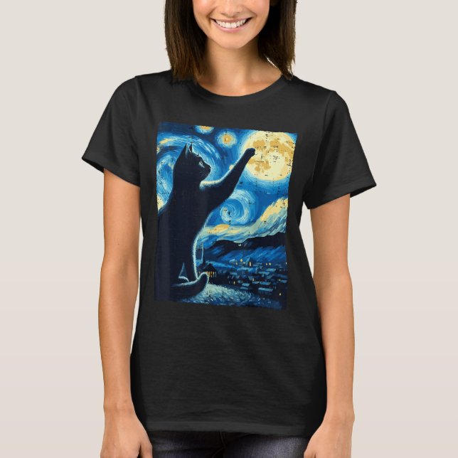 Camiseta Cat Reaching Moon Starry Night Funny Kitten Men Wo (Anverso)