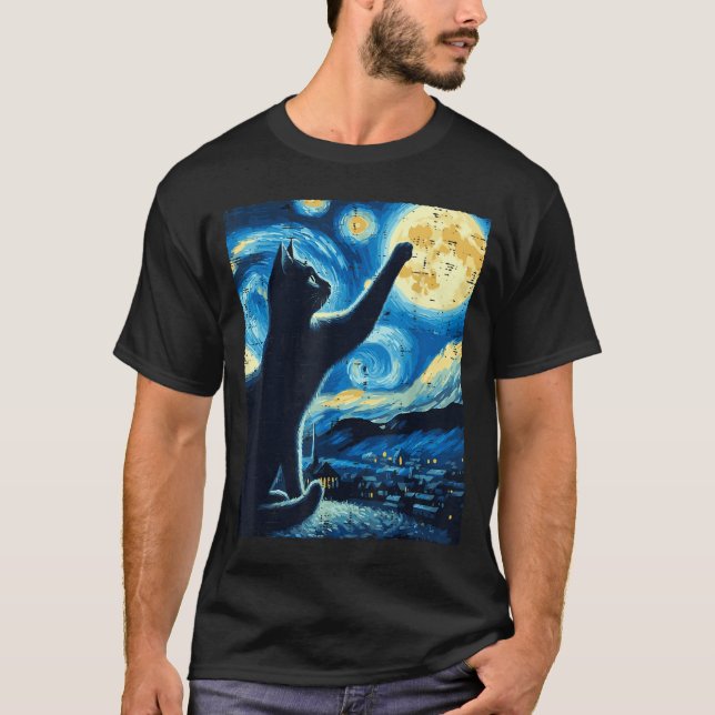 Camiseta Cat Reaching Moon Starry Night Funny Kitten Men Wo (Anverso)