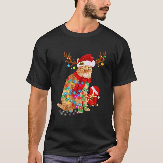 Camiseta Cat Reindeer Santa Hat Christmas Light Animal Xmas (Anverso)