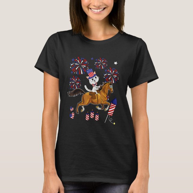 Camiseta Cat Ridding Horse Sunglasses 4th Of July American  (Anverso)