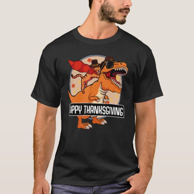 Camiseta Cat Riding Dinosaur Happy Thanksgiving Day Cute re (Anverso)