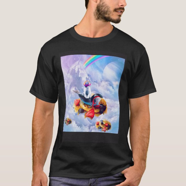 Camiseta Cat Riding Dolphin On Clouds And Waffles (Anverso)