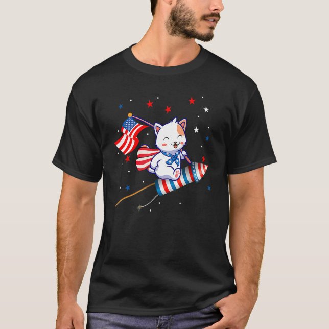 Camiseta Cat Riding Fireworks  4th Of July Kids Boys Men (Anverso)