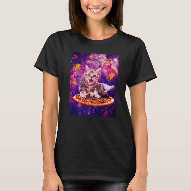 Camiseta Cat Riding Pizza In Space Galaxy Taco Kitten Cats  (Anverso)