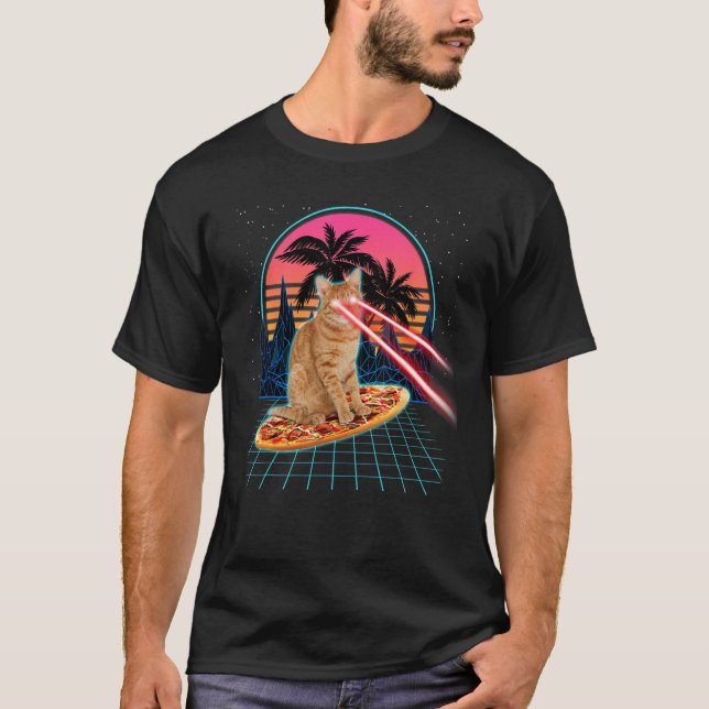 Camiseta Cat Riding Pizza Laser Eyes 80s Cat In Space Cats (Anverso)