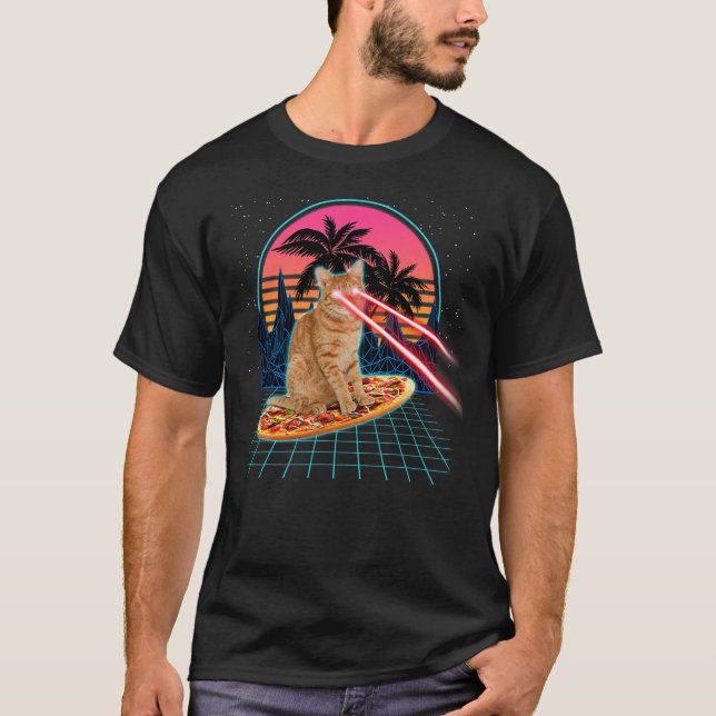 Camiseta Cat Riding Pizza Laser Eyes 80s Cat In Space Cats  (Anverso)