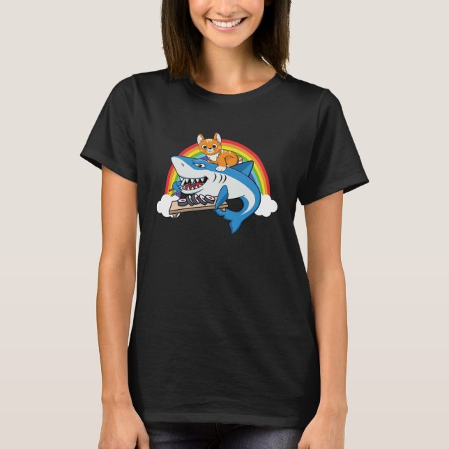 Camiseta Cat Riding Shark Eating Sushi With Rainbow For Cat (Anverso)