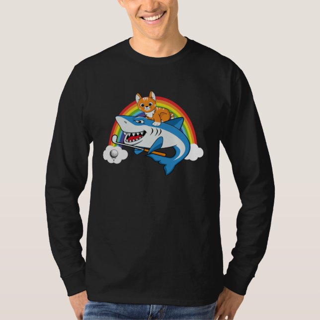 Camiseta Cat Riding Shark Playing Golf With Rainbow Graphic (Anverso)