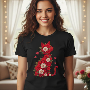 Camiseta Cat rose t-shirt, Black t-shirt with cat