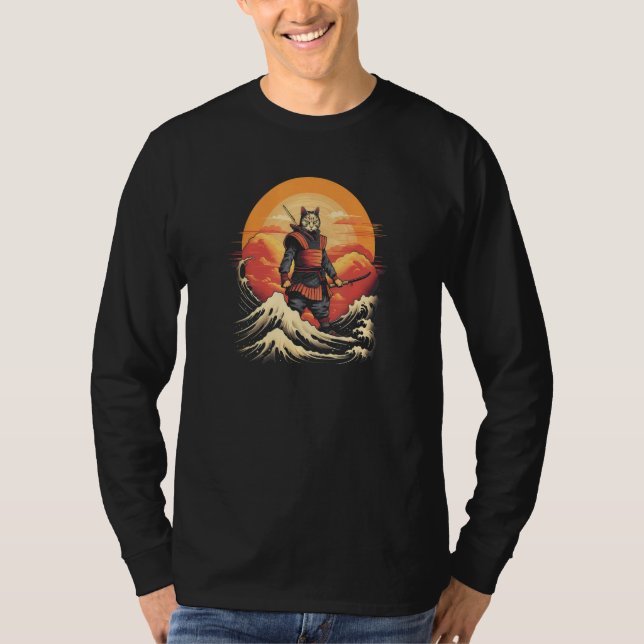 Camiseta Cat Samurai Charming Japanese Style The Great Wave (Anverso)