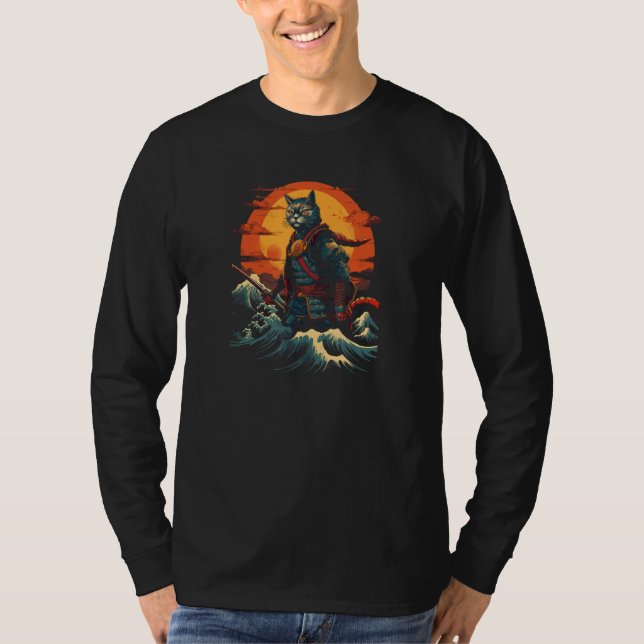 Camiseta Cat Samurai The Great Wave  Charming Japanese Styl (Anverso)