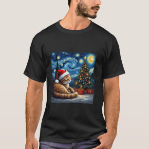 Camiseta Cat Santa Hat Van Gogh Starry Night Holi