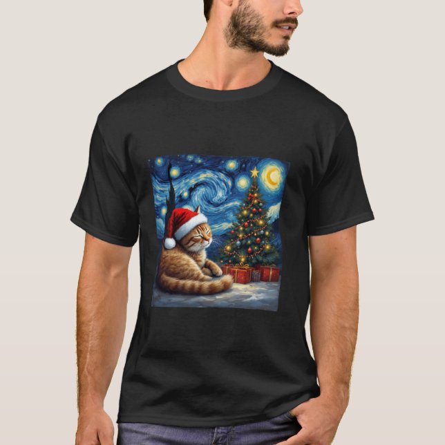 Camiseta Cat Santa Hat Van Gogh Starry Night Holi (Anverso)
