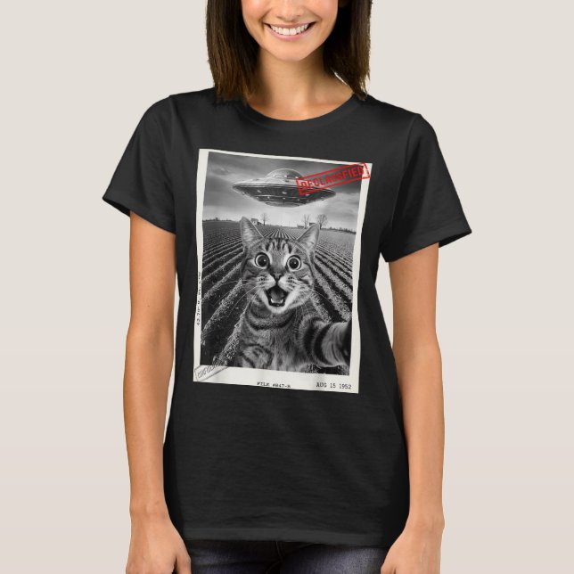 Camiseta Cat Selfie Ufo Alien Funny Surprised Cat Meme Men  (Anverso)
