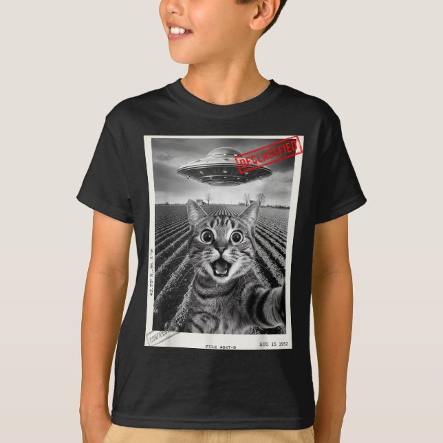 Camiseta Cat Selfie Ufo Alien Funny Surprised Cat Meme Men  (Anverso)