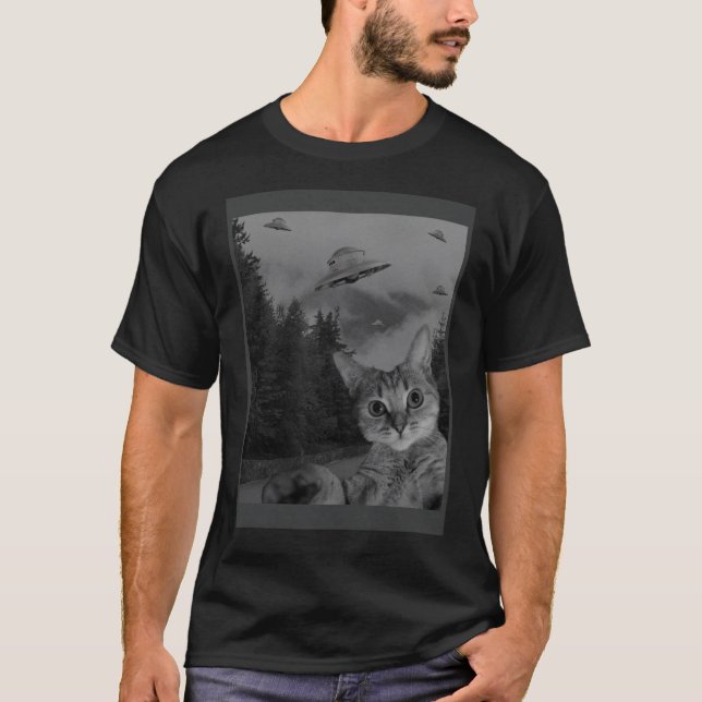 Camiseta Cat Selfie UFO Sighing Alien Conspiration Sci Fi L (Anverso)