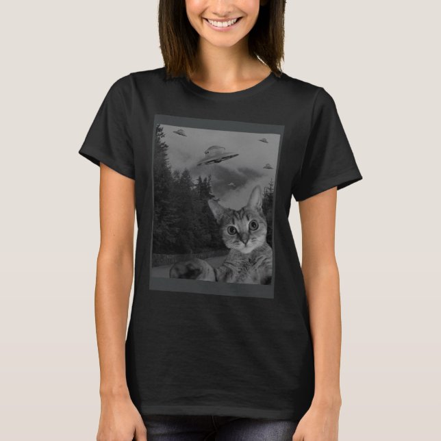 Camiseta Cat Selfie UFO Sighing Alien Conspiration Sci Fi L (Anverso)