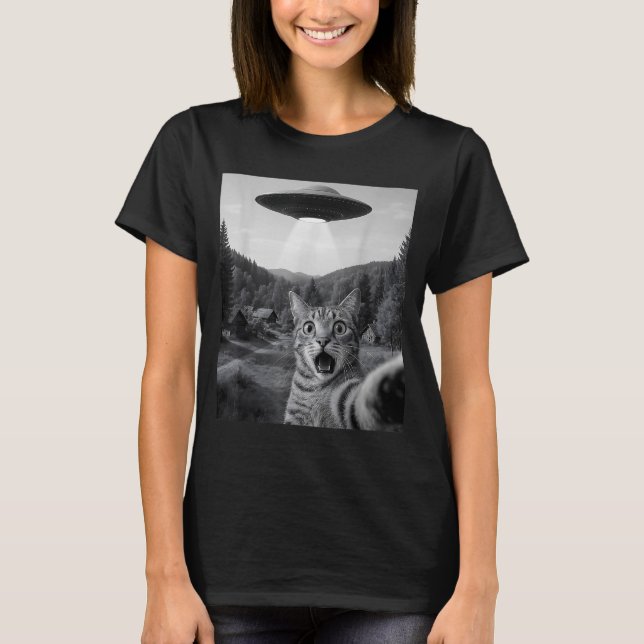 Camiseta Cat Selfie With Alien Ufo Funny Cat Funny Ed Cat  (Anverso)
