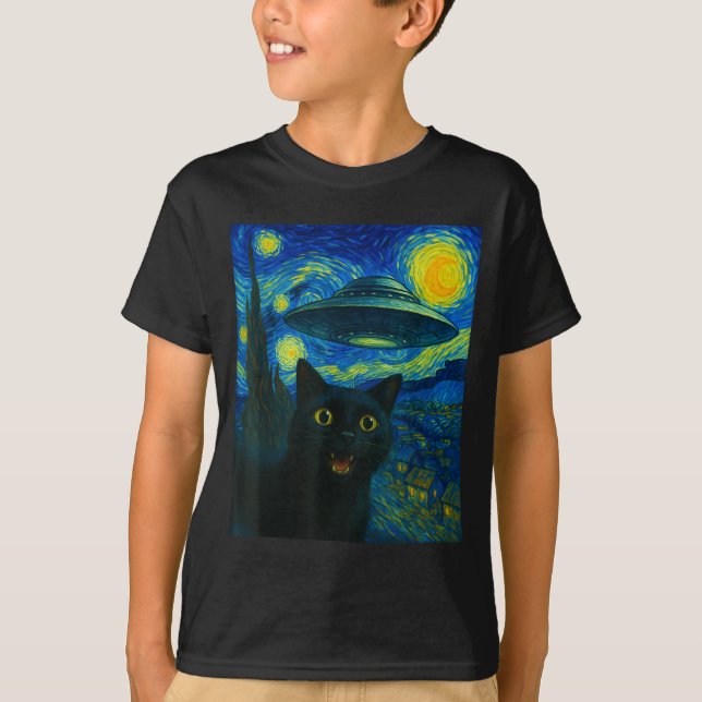 Camiseta Cat Selfie With Alien Ufo Night Van Gogh Men Women (Anverso)