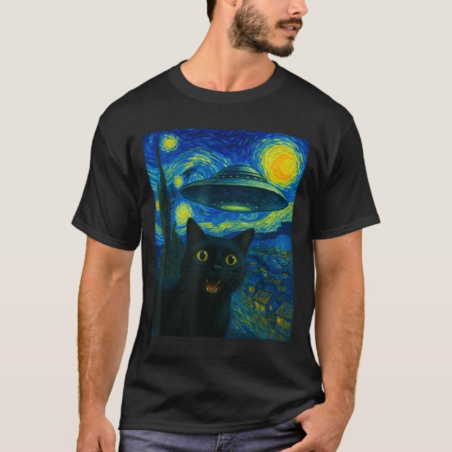Camiseta Cat Selfie With Alien Ufo Night Van Gogh Men Women (Anverso)